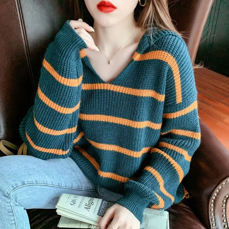 

Свитер EBAIHUI, Женский вязаный пуловер в полоску с V-образным вырезом, Топ с длинным рукавом, модный джемпер в Корейском стиле, Повседневная Сво...