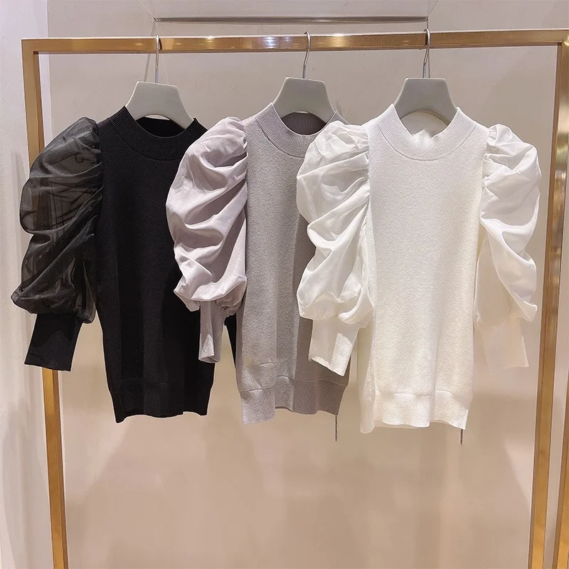 

Japan Style Sweet Puff Sleeve Solid Blouse Women Chic Knit Patchwork Femme Shirt 2021 Spring Vintage O-neck Womens Pullovers