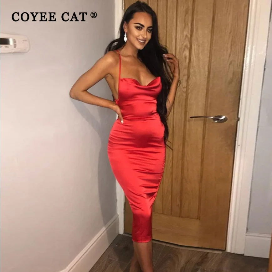 

CoyeeCat Neon Satin Low-cut Women Sleeveless Midi Dress Bodycon Backless Elegant Party Sexy Club Clothes Summer Dinner Outfit