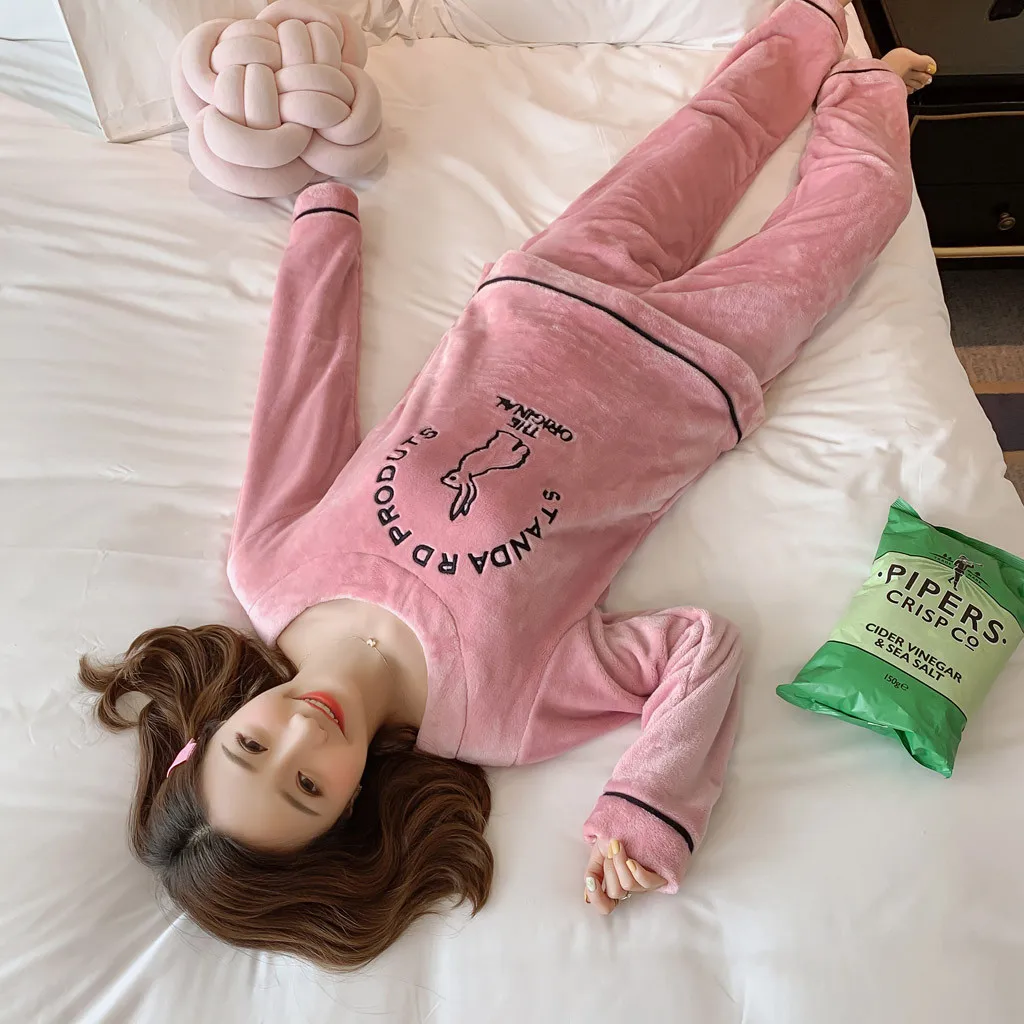 Женская пижама 2019 женская Фланелевая рубашка с длинным рукавом штаны одежда для