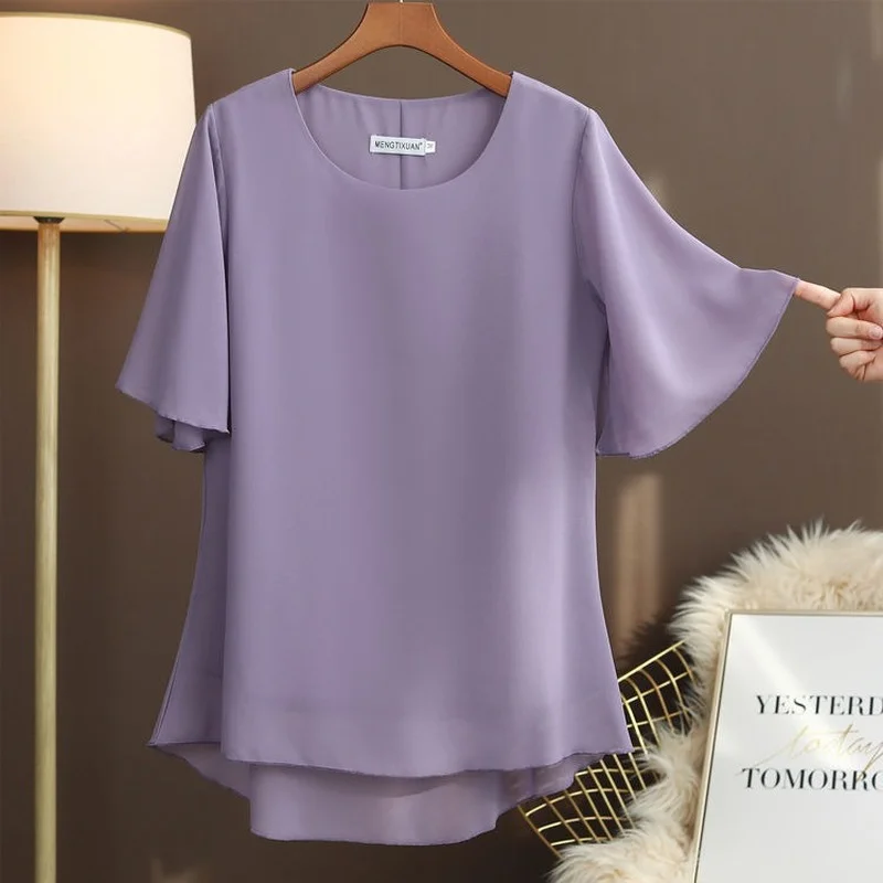

2021 Vintage Summer Tops 6XL Oversized Women Blouses Solid Casual O-Neck Chiffon Blouses Loose Plus Size Shirts Fashion Clothes