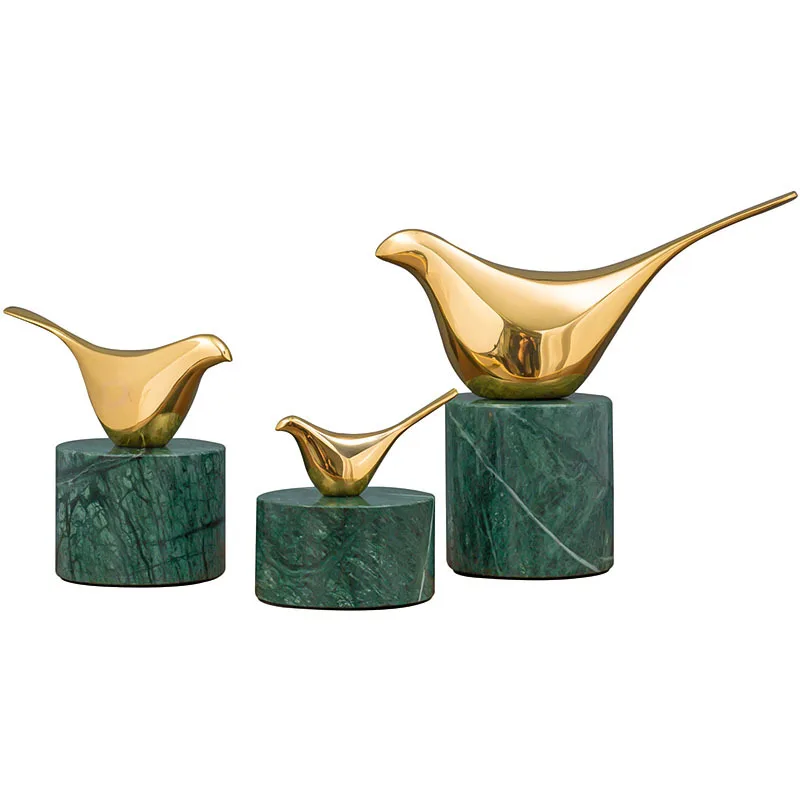 

Minimalist Copper Bird Ornaments Natural Marble Base Crafts Modern Decor Desktop Golden Birds Sculpture Living Room Decoration