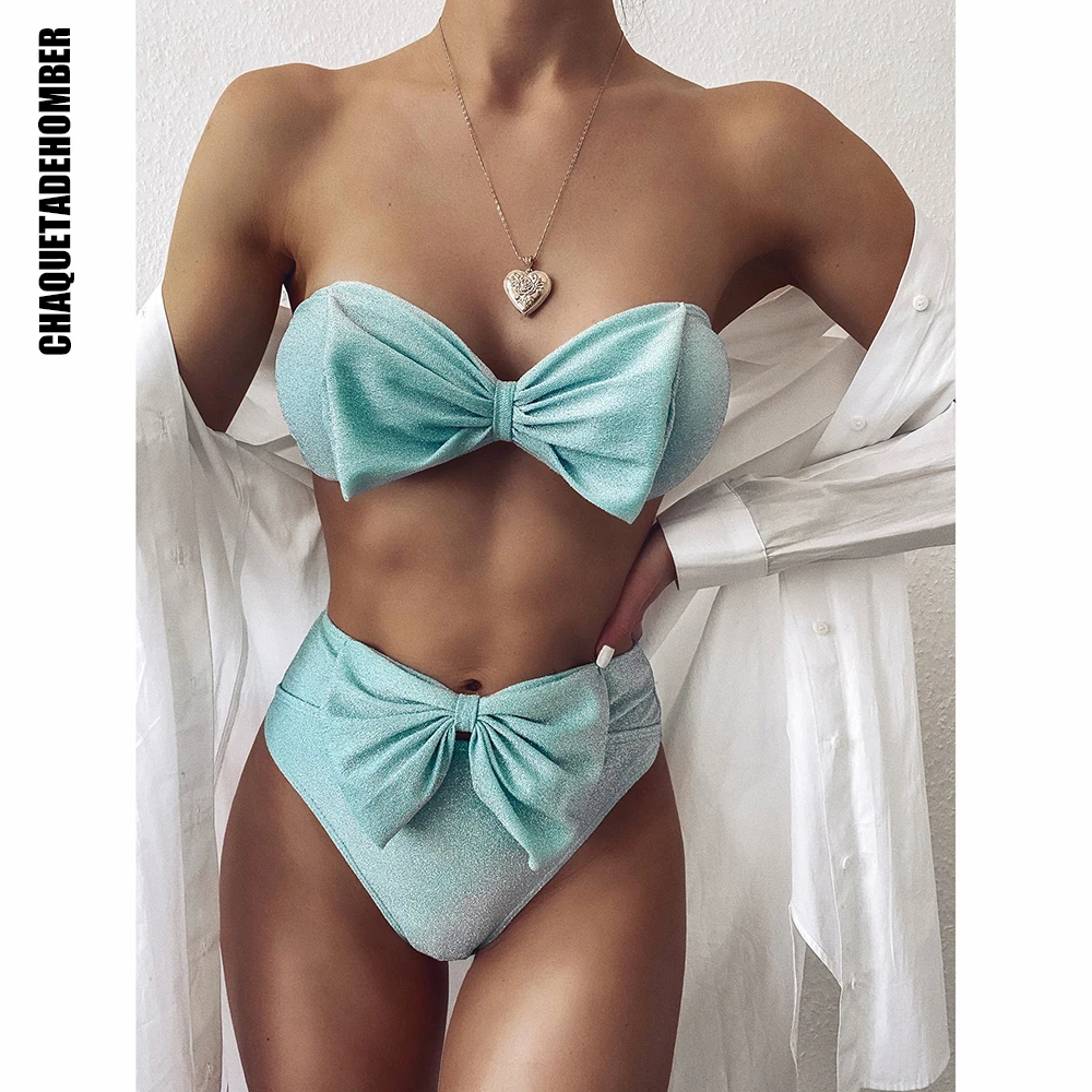 Купальник бикини с завышенной талией 2021 блестящий женский купальный костюм пуш