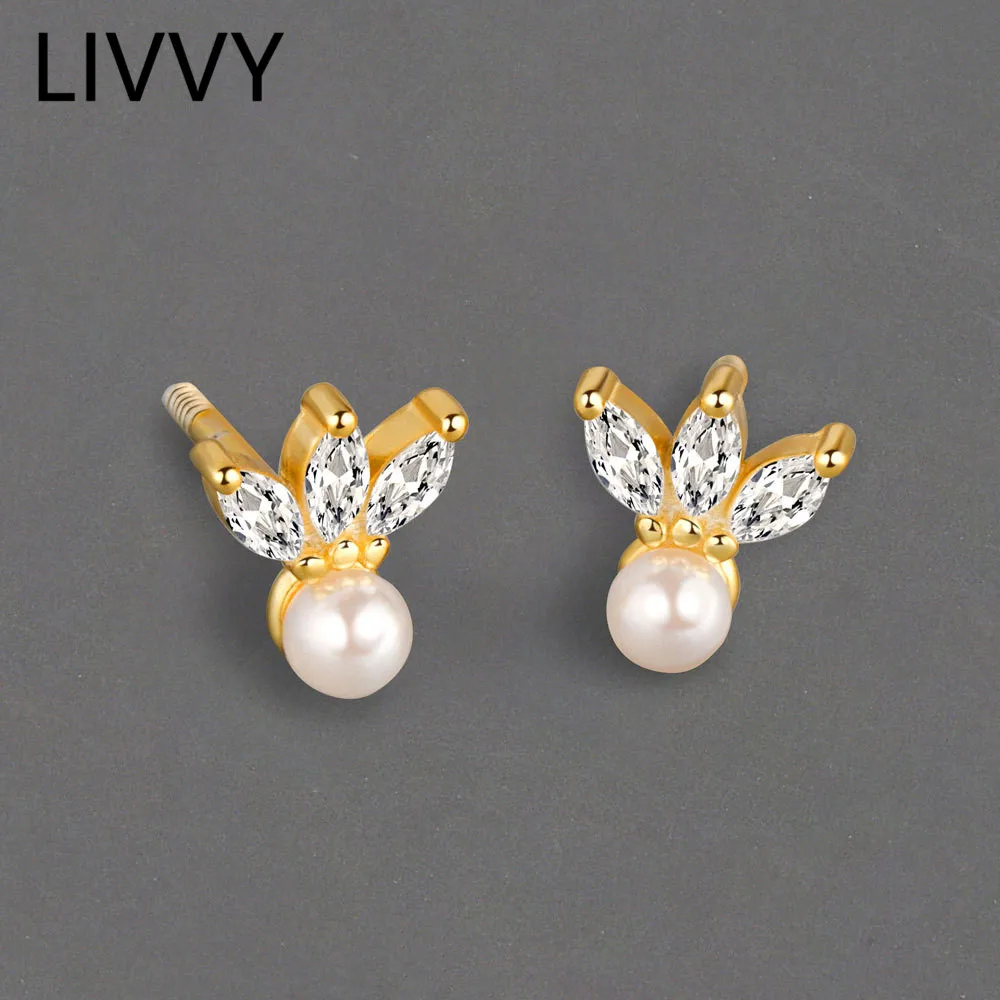 

LIVVY Silver Color Simple Crystal Zircon Crown Earrings for Women Fashion Elegant Pearl Tiny Ear Pin Korea Style Fine Jewelry