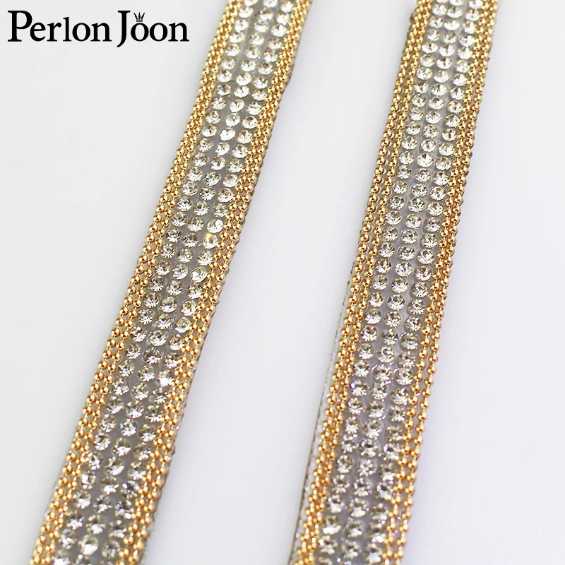 1 yard gold chain white rhinestone tape hot fix glass ribbon crystal rhinestone decoration iron on shoes clothing accessories