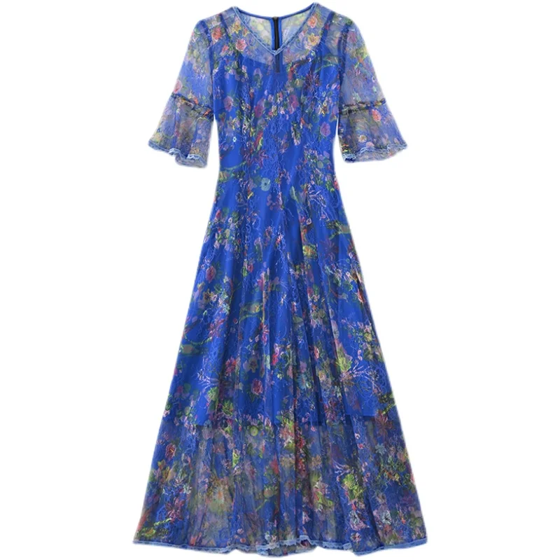 

COIGARSAM 3XL Plus Size Lace Women Long dress New Summer High Waist Dresses Pink Blue Wine Red 2892