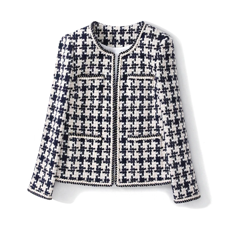 

Business ladies one piece jacket coat Tweed jacket Dark blue Plaid spring / autumn / winter women's jacket lapel long sleeve