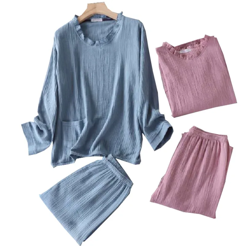 

2021 на весну и осень, женские свободные мягкие 2 шт бытовой пижамы, набор, Одноцветный Цвет простой Стиль, одежда для сна с длинными рукавами + ...