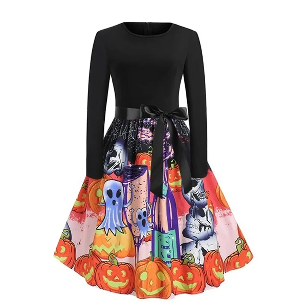 Женское платье на Хэллоуин с длинным рукавом и принтом тыквы вечерние осенние