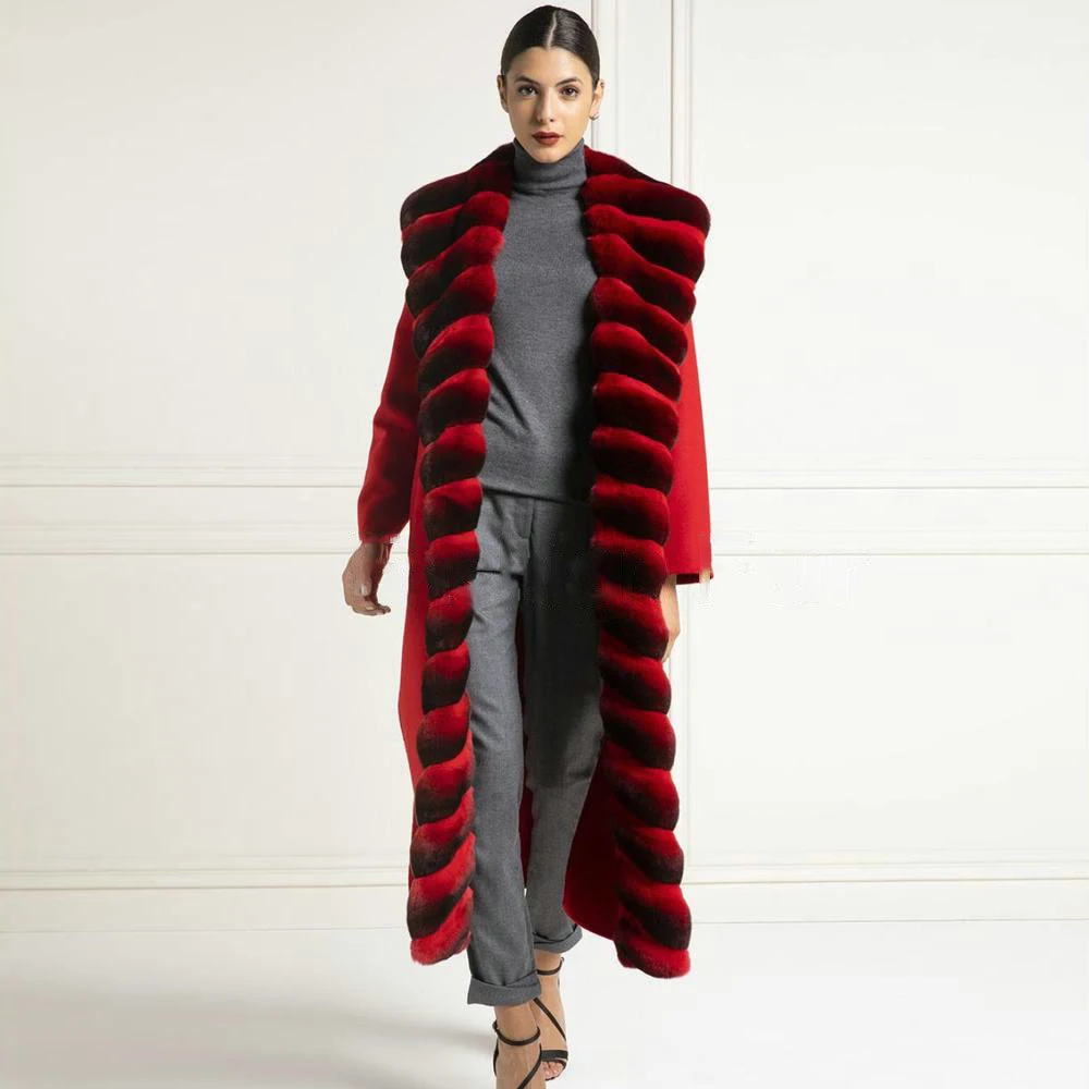 Long Red Natural Rex Rabbit Fur Cashmere Coats Outwear Women Winter Fashion Genuine Rex Rabbit Fur Collar Wool Blends Coats 2022 enlarge