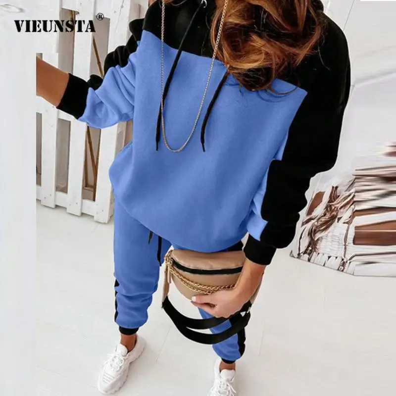 

Новый Повседневный Спортивный костюм на шнуровке с капюшоном весенние Лоскутные однотонные Топы с длинным рукавом и длинные брюки Модный ж...