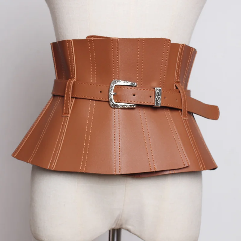 New Fashion Pu Leather Black Ruffles Buckle Split Joint Personality Wide Belt Women Fashion All-match Summer Accessories 2021