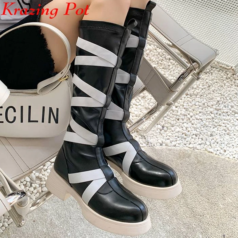 

Современные сапоги для верховой езды Lenkisen из коровьей кожи с круглым носком, на молнии, разноцветные сапоги-гладиаторы с перекрестной шнуро...