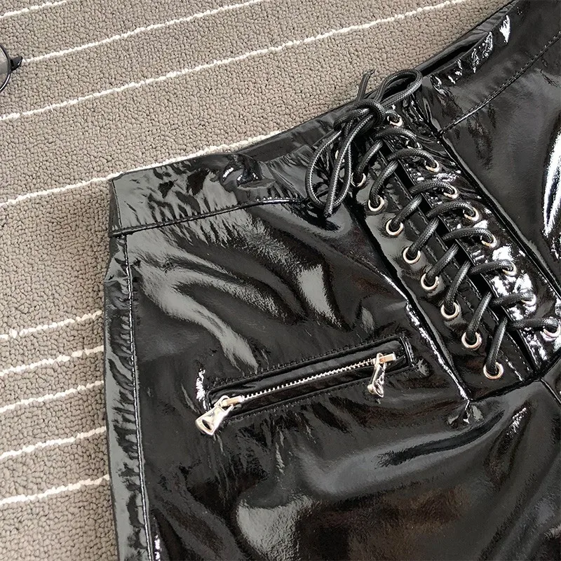 Streetwear Black Sheepskin Real Leather Shorts Women Punk Biker Shorts New Fashion High Waist Lace Up Wide Leg Shorts