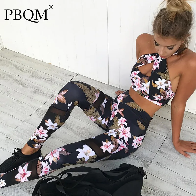 

PBQM Женская одежда для йоги с принтом лилии, с перекрестными плечами и поясом, сексуальный спортивный костюм, сетчатый комплект для отдыха и ...