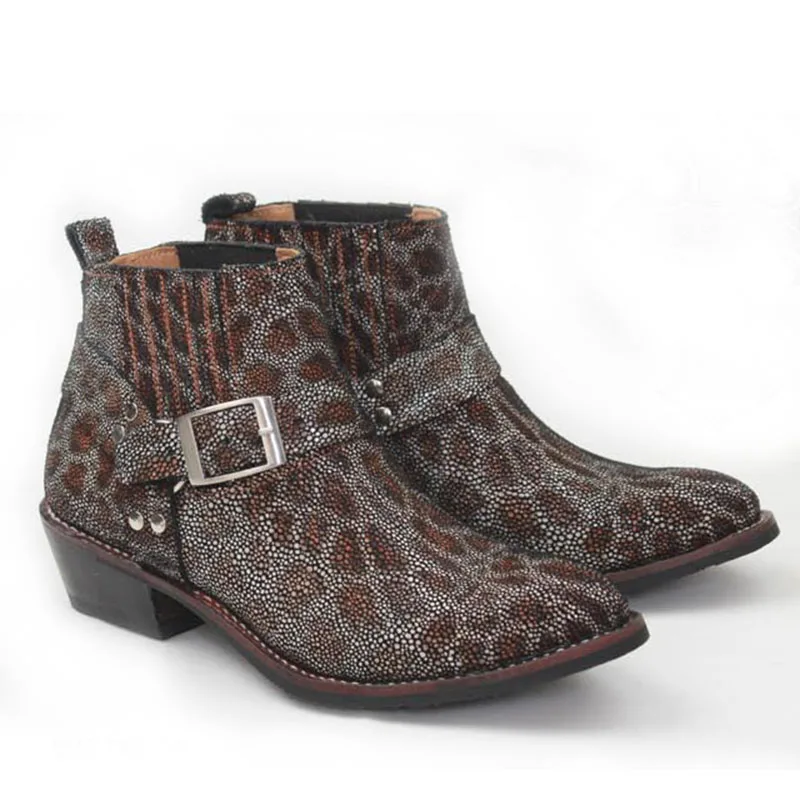 

Мужские ковбойские ботинки ручной работы, коричневые ботильоны с острым носком, из натуральной воловьей кожи, с пряжкой, 38-44