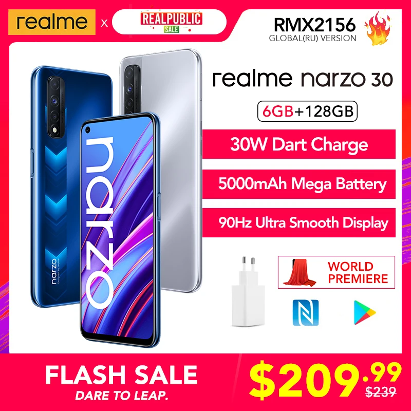 

Оригинальный смартфон realme narzo 30, 6 ГБ, 128 ГБ, процессор Helio G95, дисплей 90 Гц, 30 Вт, зарядка, аккумулятор 5000 мАч, NFC, Play Store