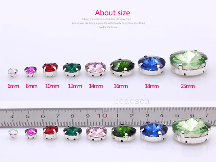 25-Color 6-25mm Rivoli round sewing strass glass stone Sew On Crystal rhinestone diamante silver Claw buckle for clothes shoes | Дом и сад