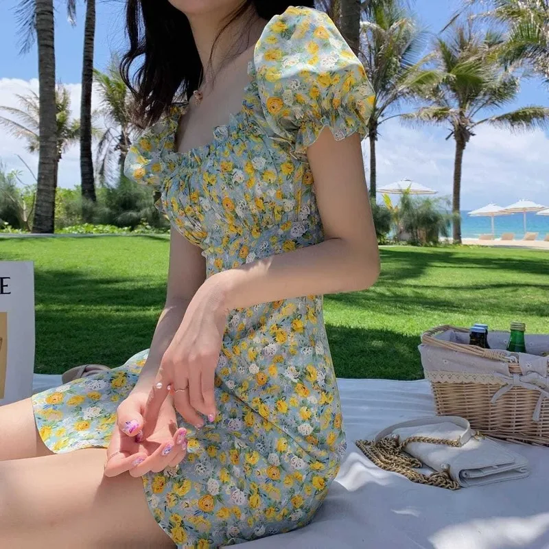 

Summer Floral Dress 2021 Women French Style Puff Sleeve Chiffon Party Dress Casual Korean Style Clothes Vintage Retro Dress