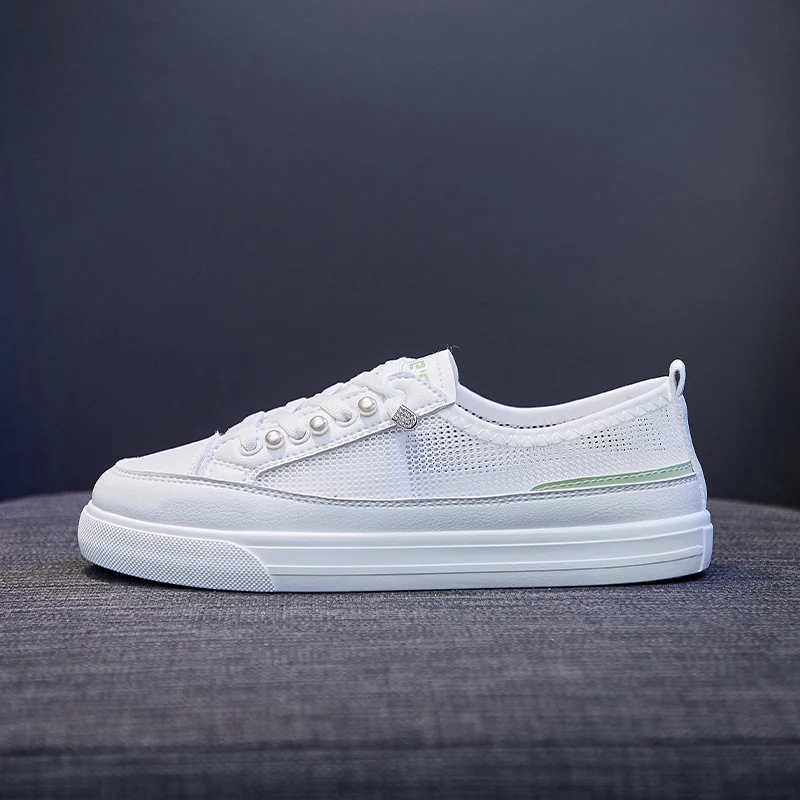 

Mesh breathable white shoes women's summer 2021 new flat sneakers non-slip wear-resistant soles pearl embellished uppers