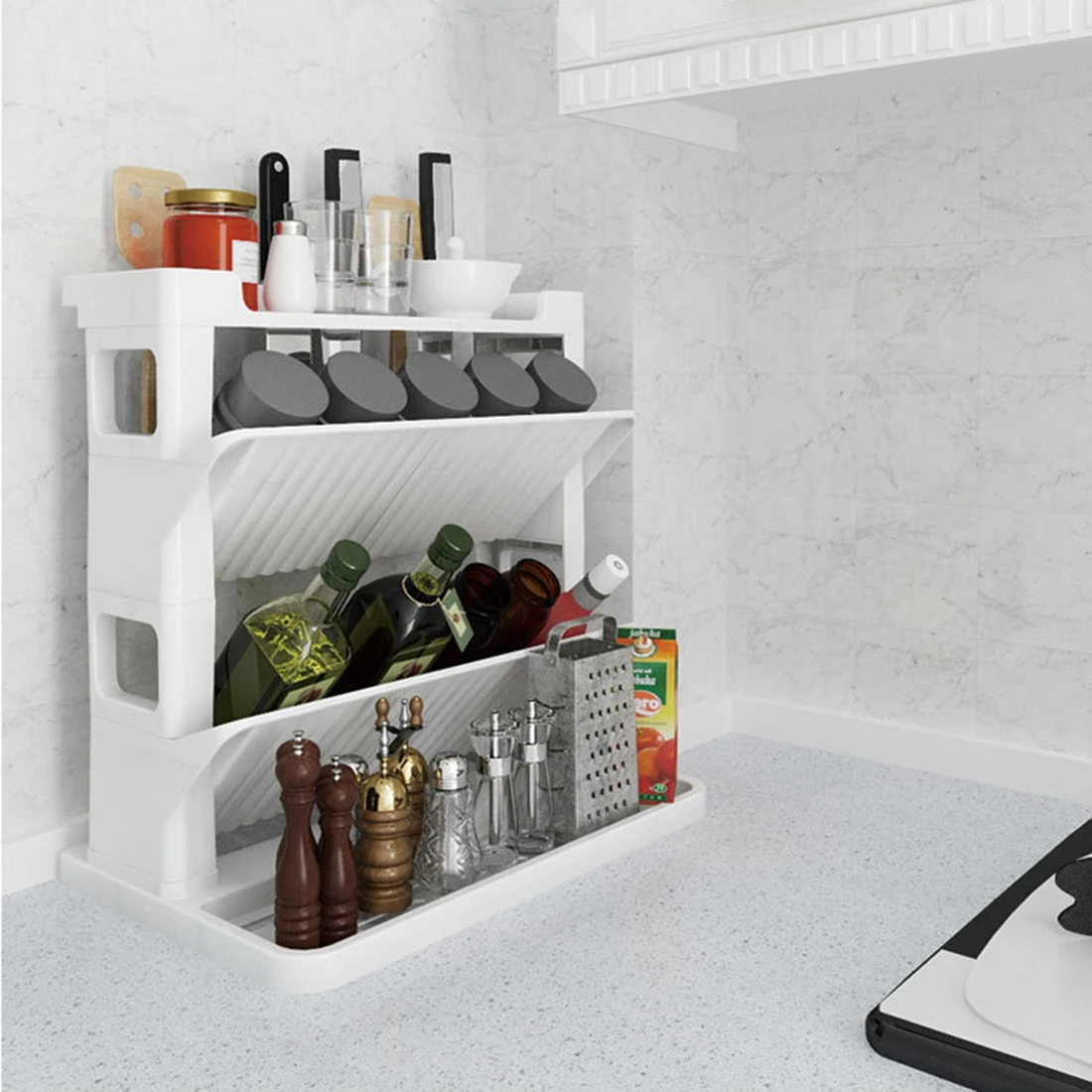 

1pcs 2 Tiers Simple Style Creative Spice Rack Kitchen Seasoning Jar Storage Shelf Kitchen Accessories Storage Rack - White