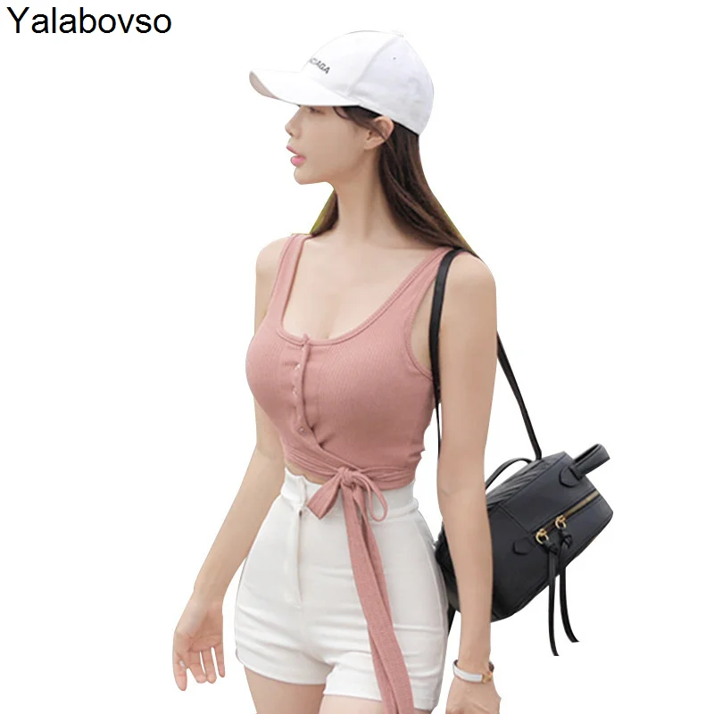 Короткая модная майка женская сексуальная летняя одежда однотонная повязка на