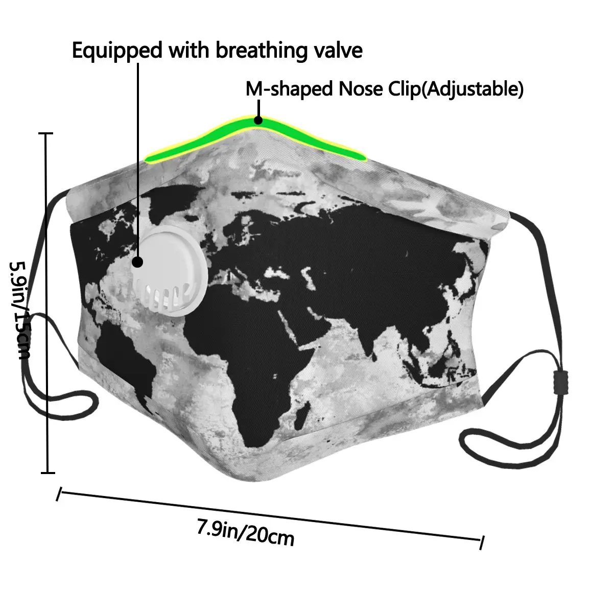 

Breathable Face Mask World Map Grunge Protective Dust Mouth Cover Washable Reusable Mouth Mask