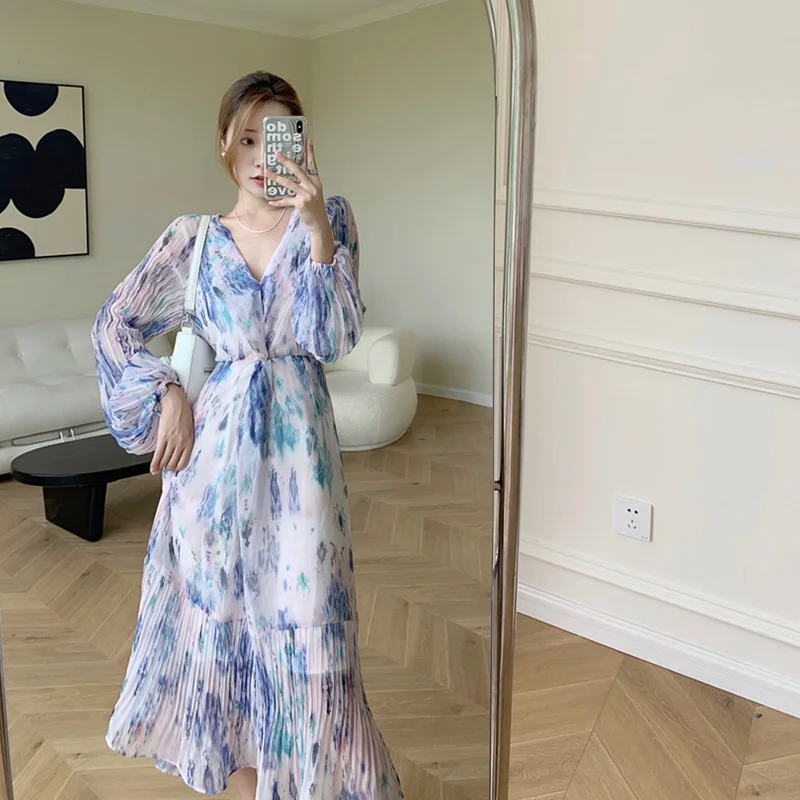 

Dress 2021 Style V-neck Chiffon Sweet Floral Long Sleeve Thin Dress