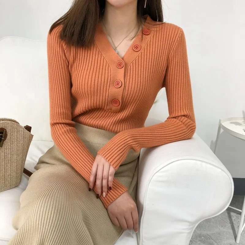Women Sweater Winter Tops Long Sleeved V Neck Buttons Brown Sweaters Korean Knitted Pullover girl Fashion Bottoming Shirt | Женская