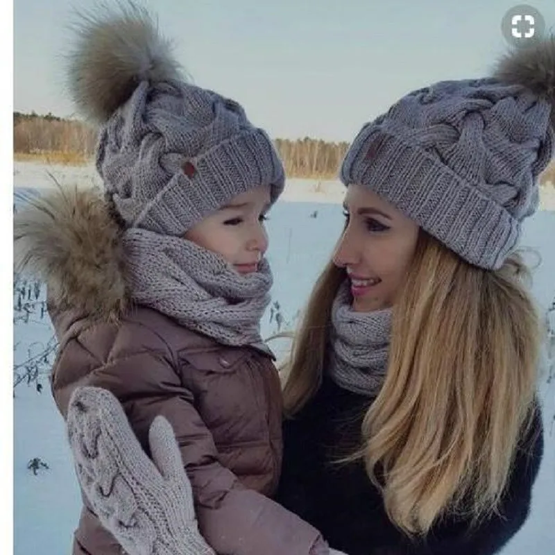 

Baby Boy Cap Winter Crochet Pompom Hat Knitted Parent Child Cap Winter Mother And Baby Hat