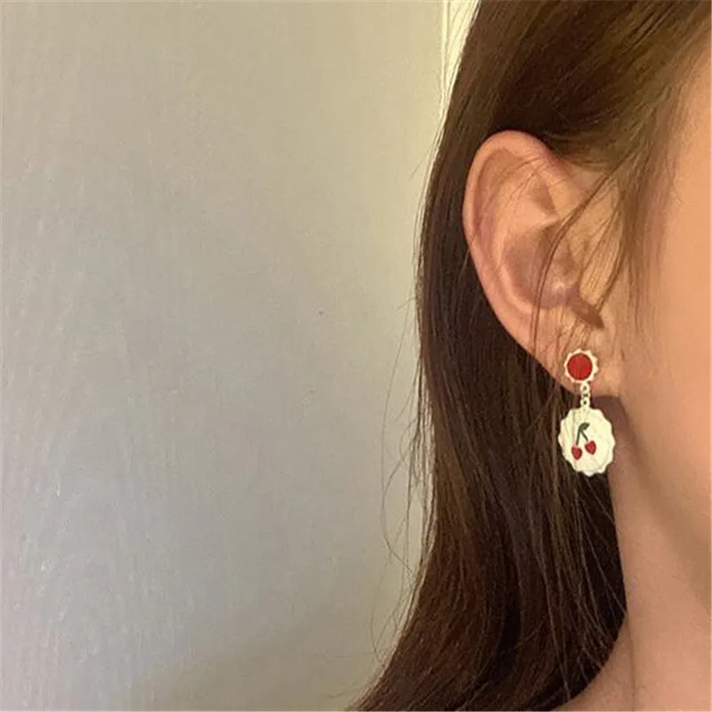 

Sweet Girl Fruit Red Cherry Earrings Temperament Women's Drop Earrings Gifts for Friends
