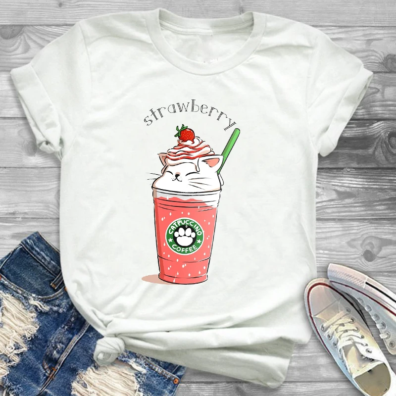

Fashion kawaii Cartoon Cat Coffee Strawberry Cute Funny Clothing Cartoon Women's T-shirt Female Graphic Tee Shirt Harajuku Tees