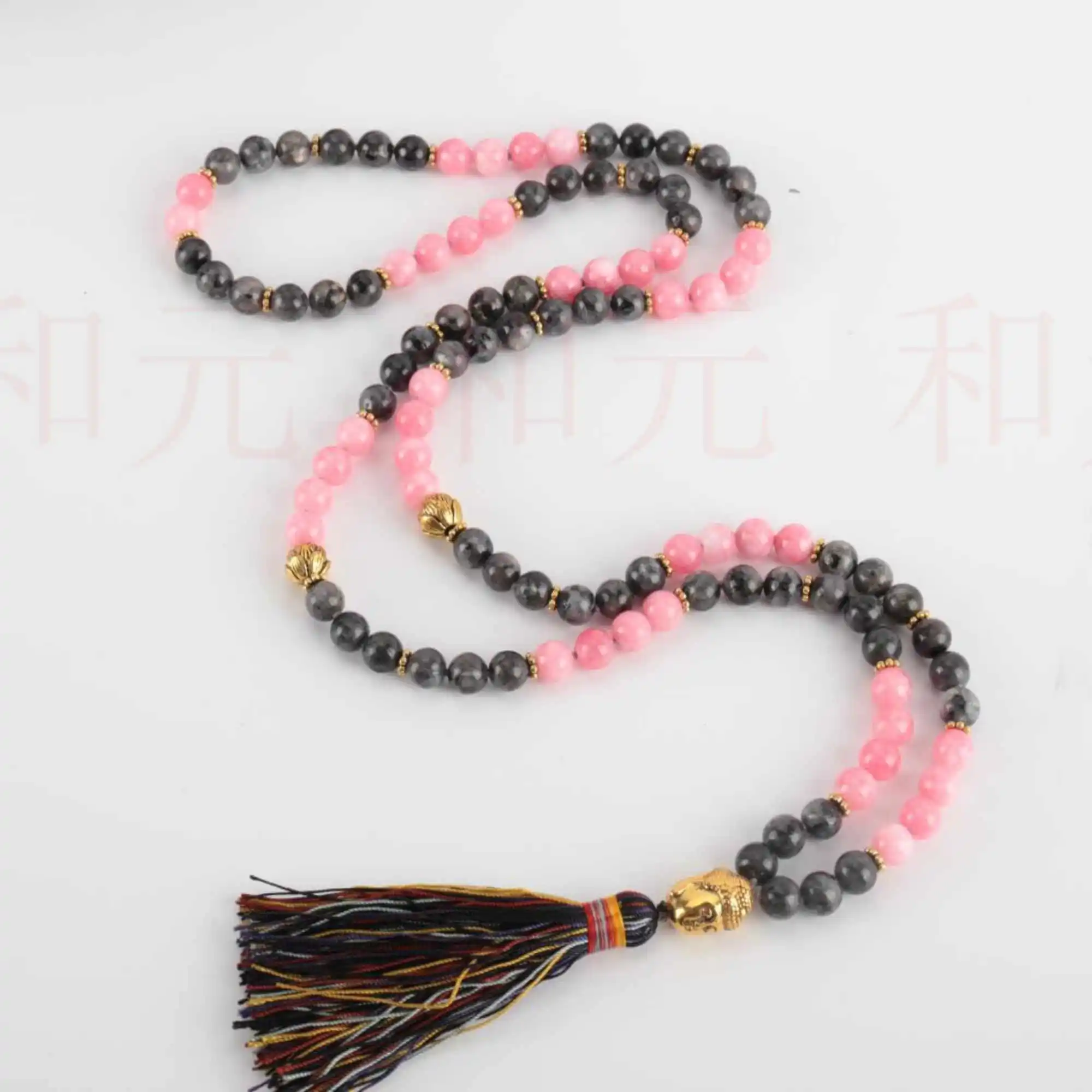 

8mm Fashion 108 knot alabaster pink chalcedony gold necklace Meditation Chakra Spirituality Healing Blessing Dark Matter Bohemia