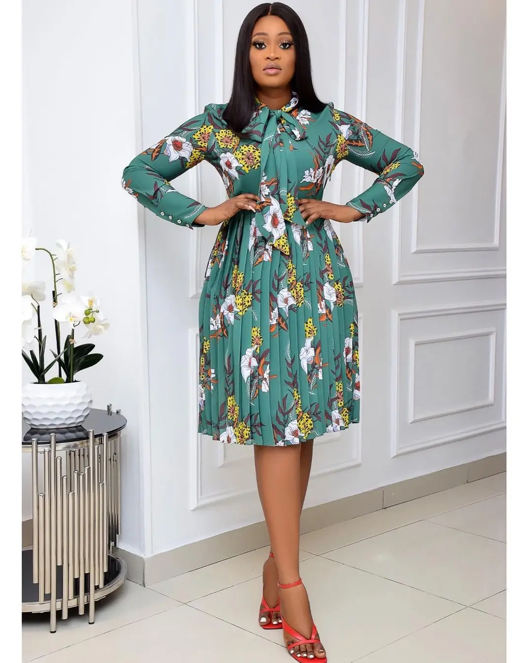 

2021 spring women's plus size long-sleeved printed pleated dress