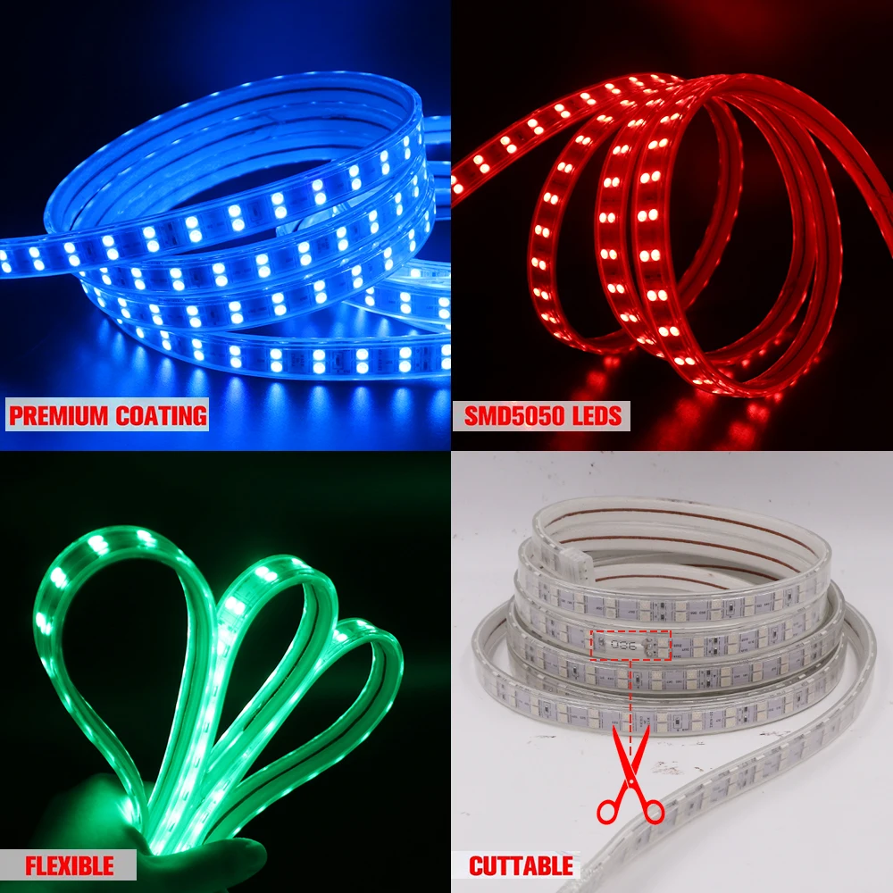 Лента светодиодная водонепроницаемая 220 В перем. Тока 120 светодиодов s/m 5050 RGB |
