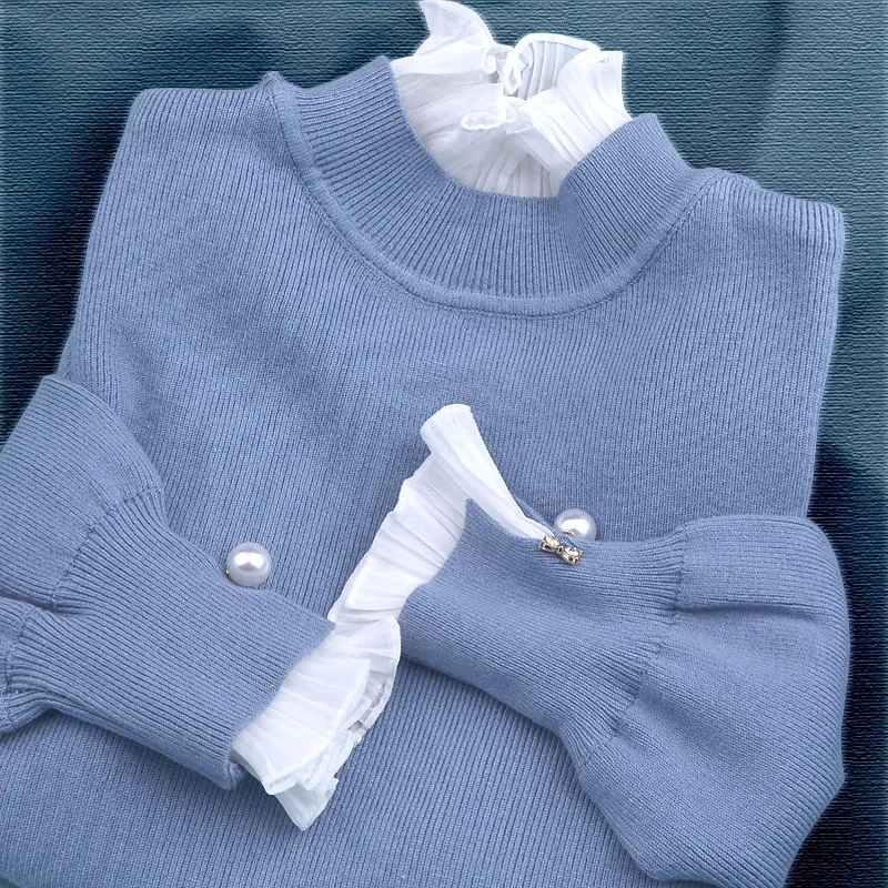 Pearl Knitted Women Sweaters and Pullovers Ruffles Lace Patchwork Solid Lantern Sleeved Lady Elegant Pulls Fashion Outwear Tops | Женская