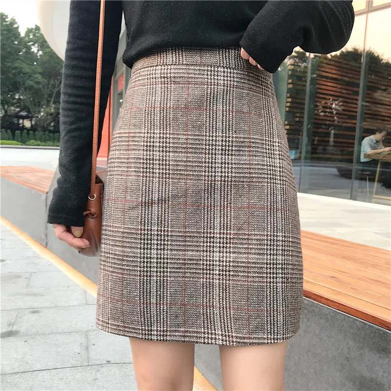 Женская клетчатая мини-юбка элегантная прямая офисная юбка с высокой талией в