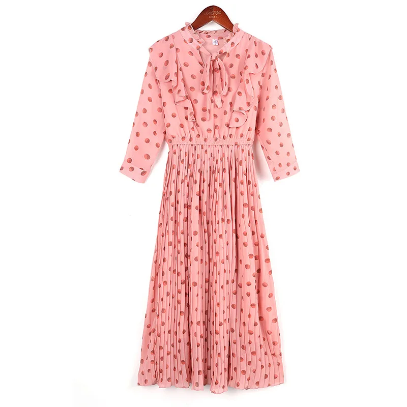 

Pink Blue 2020 Summer Maternity Chiffon Dress mid-sleeved Peter Pan Collar large Size 2XL Slim fairy polka dot long dress