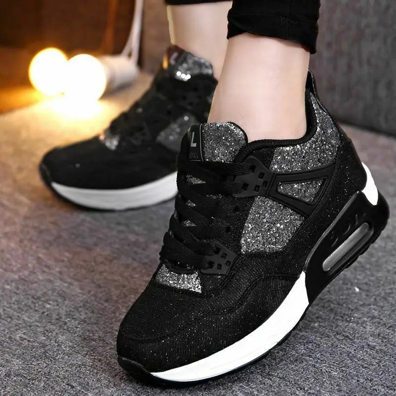 

Handmade Luxury Glitter Leather Platform Sneakers Women Casual High Heel Shoes