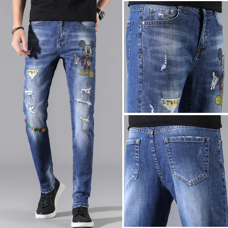 

Chao brand printed jeans men's youth elastic Korean version hole slim Leggings personalized fashion men's pants