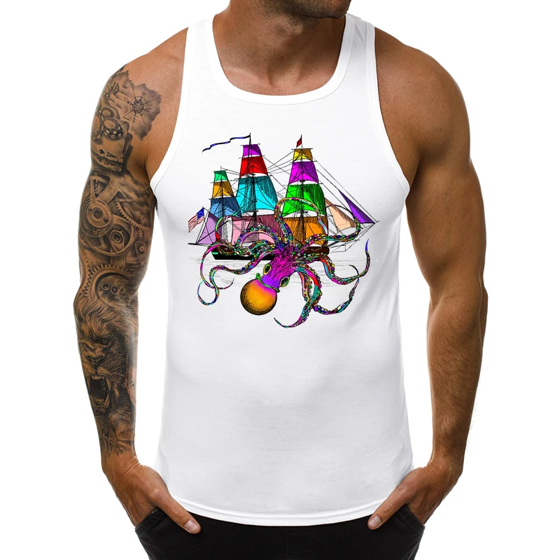 

Vintage Kraken Attacking Men Tank Tops Hipster Colorful Octopus Printed Sleeveless Tee Cool Ocean Monster Singlet Casual Vest