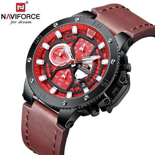 NAVIFORCE часы, топ бренд, Роскошные военные кварцевые часы для мужчин, хронограф, кожа, водонепроницаемые часы, мужские часы - Цвет: Red No Box