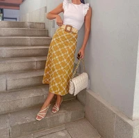 bbwm embroidery midi woman skirt summer high waist casual long skirts chic back hidden zip yellow elegant skirt