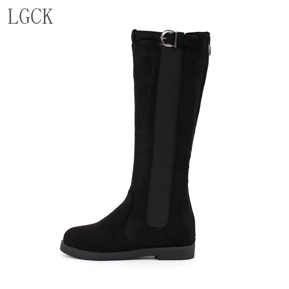 black flock Большие размеры 34-46; модные зимние женские сапоги для верховой езды; мотоботы на низком каблуке; осенние женские высокие сапоги на молнии с пряжкой; высокие сапоги - Цвет: black flock