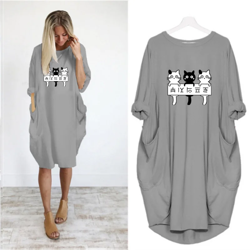 Женское винтажное платье с принтом кошки свободное Повседневное миди вечерние