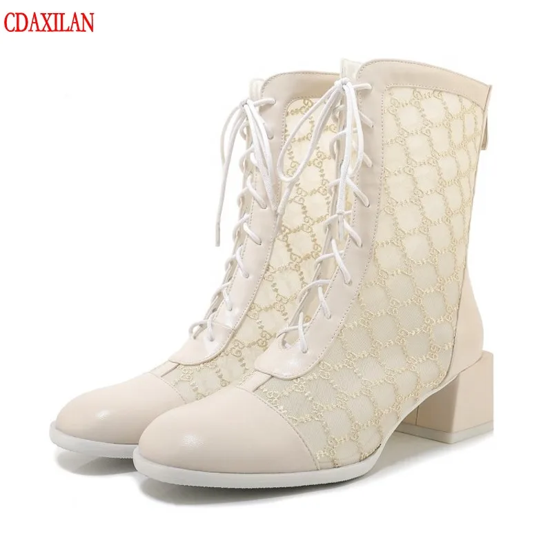 

Arrivals new ankle boots women's microfiber mesh cloth patchwork cross band square heel round toe motorcycle boots summer
