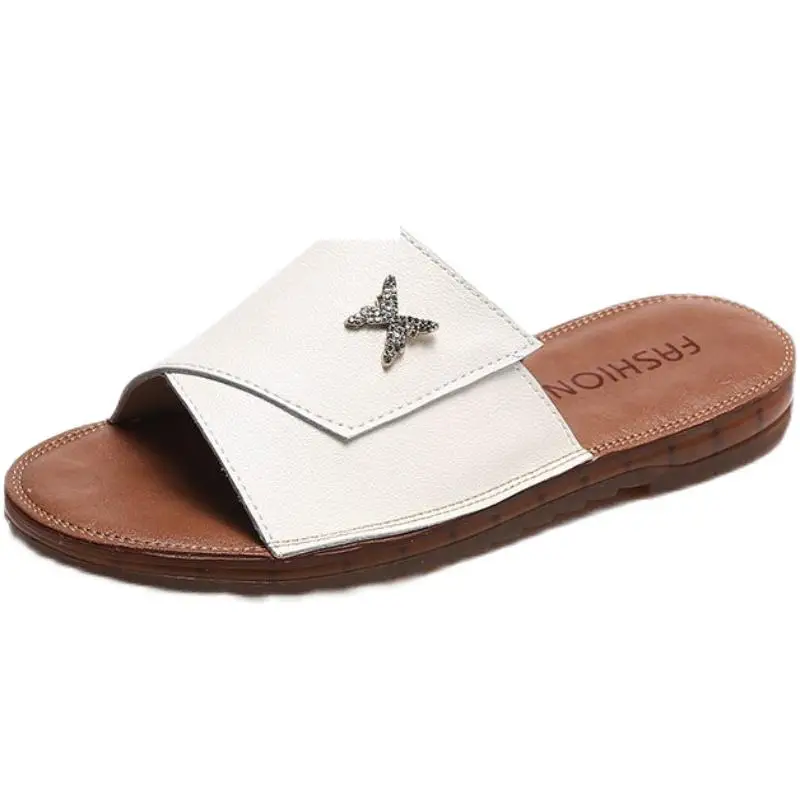 

Butterfly-Knot Women's Genuine Leather Shoes Female Slippers Slides 2021 Soft Flat Rubber PU Butterfly-knot Patent Shoes Slipper