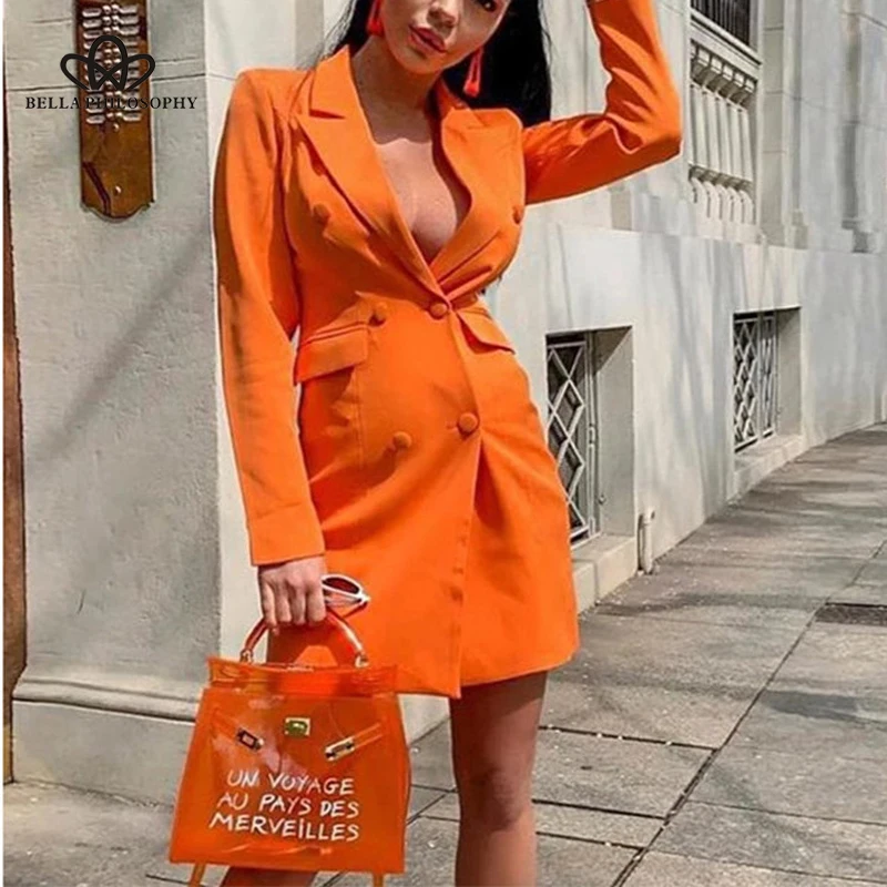 Женское платье блейзер Bella philosophy оранжевое двубортное с длинным рукавом офисное
