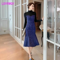 2021 autumn new french retro fight receiving waist fishtail long sleeved dress with hips office lady cotton
