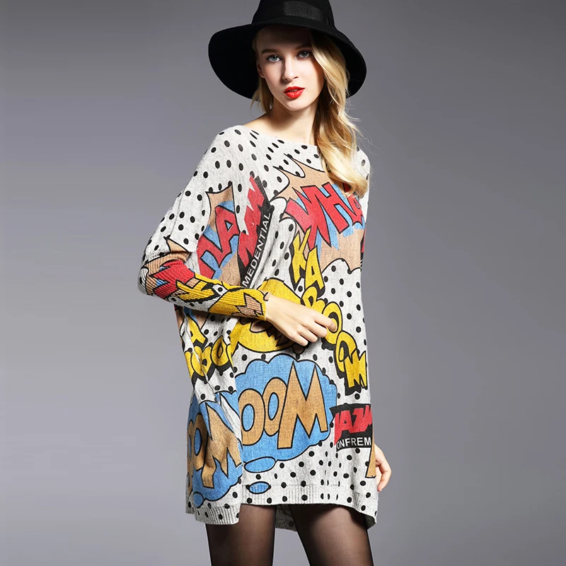 Негабаритный женский свитер пуловер Модный рукав летучая мышь точка печати